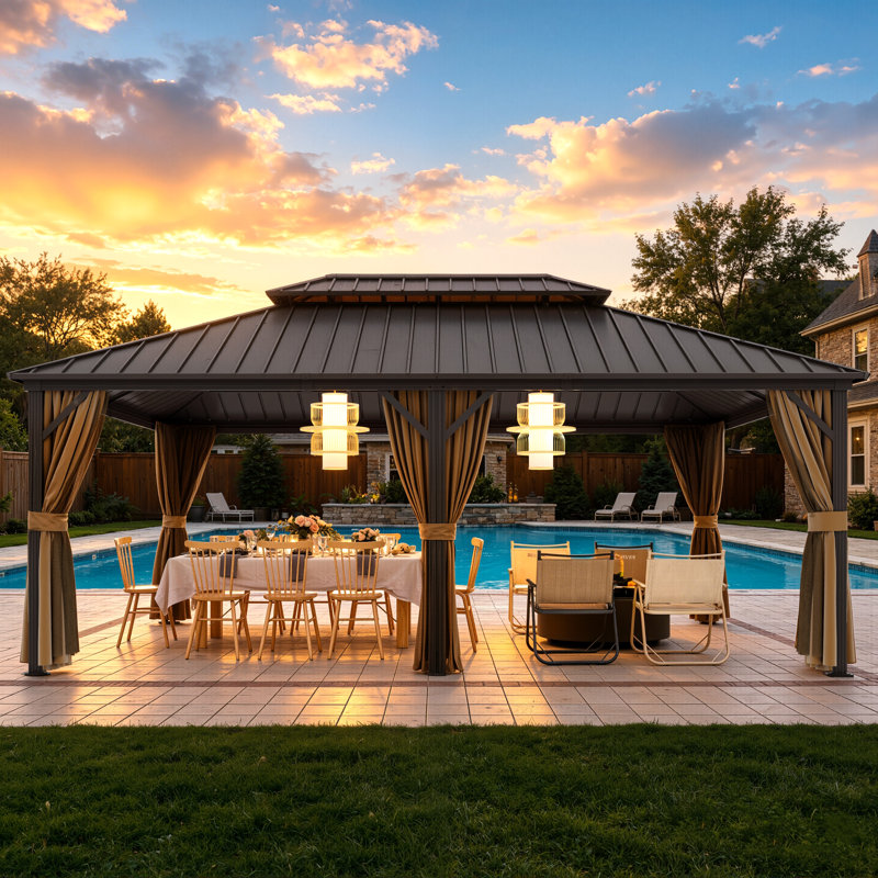 12 x 22ft Double-Roof Aluminum Outdoor Gazebo with Curtains & Mesh Screens, Hardtop Gazebo for Patio, Garden & Backyard