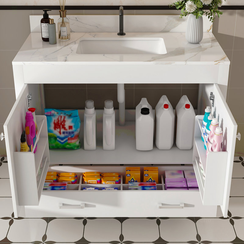 Ensemble de meuble-lavabo moderne 43 po avec ensemble de karalakin en marbre artificiel, armoire de salle de bain multifonctionnelle avec portes et tiroir, cadre solide et panneau de fibres à densité moyenne (trou de robinet simple)