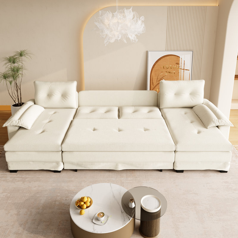 104.7" Full-Size Convertible Sofa Bed Pull-Out Sleeper Sofa U-Shaped Sofa & Chaise with Removable Armrest And USB Port