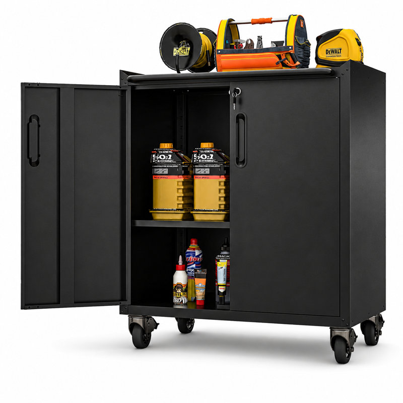 Armoire de sécurité verrouillable en métal de 34,65 po avec roulettes, armoire industrielle robuste avec tablettes réglables, clôture surélevée et porte verrouillable pour le garage, le bureau et la maison