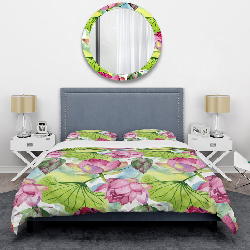 Ensemble de housse de couette fleurs de lotus roses et vertes, Housse de couette pour très grand lit et 2 très