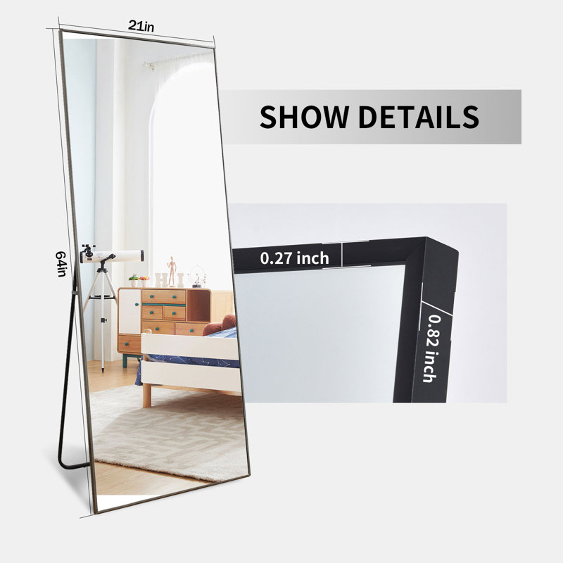 Miroir rectangulaire incassable en aluminium avec support, Noir, H 64 po x l 21 po