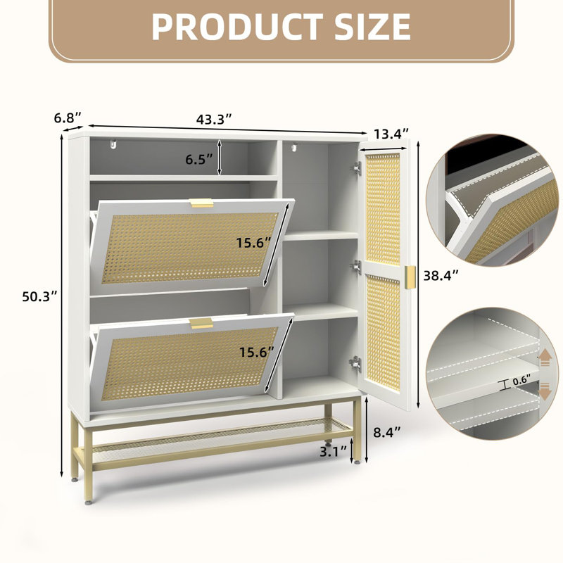 Armoire à chaussures en rotin avec 3 tiroirs rabattables, range-chaussures autoportant avec tablettes réglables, Blanc