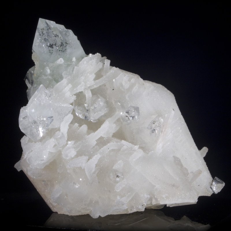 Green Apophyllite on Chalcedony on Calcite with Stilbite