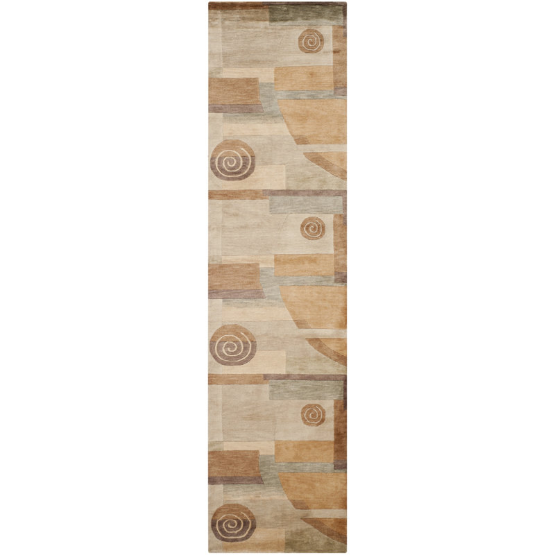Gray and Beige Hand-Knotted Wool Geometric Runner Rug