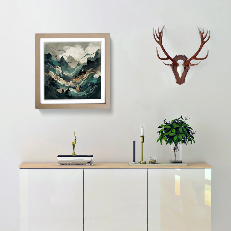 Japanese Mountains Abstract Art No.1 - Single Picture Frame Print on Wood, Oak