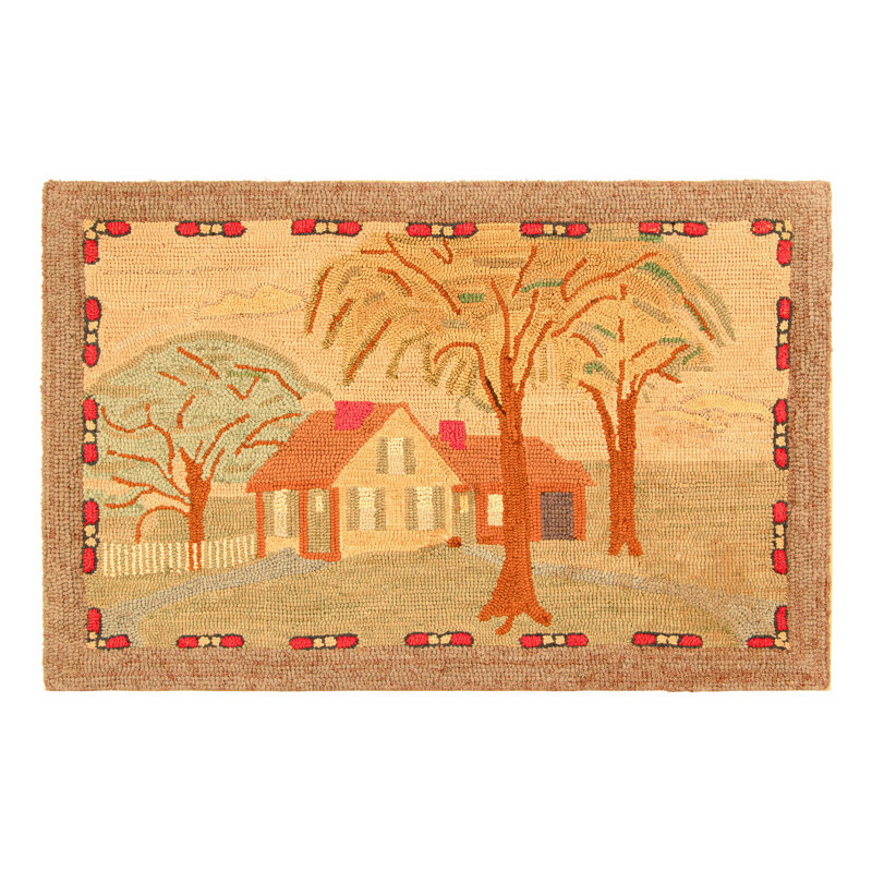 Antique Hooked Rug, Beige And Cream With Homestead Pictorial - Rug & Kilim