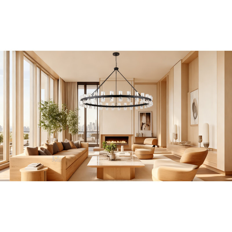 Lustre moderne en roue de chariot de style campagne moderne avec abat-jour en cristal, plafonnier noir à 60 lumières pour la cuisine de la salle à manger