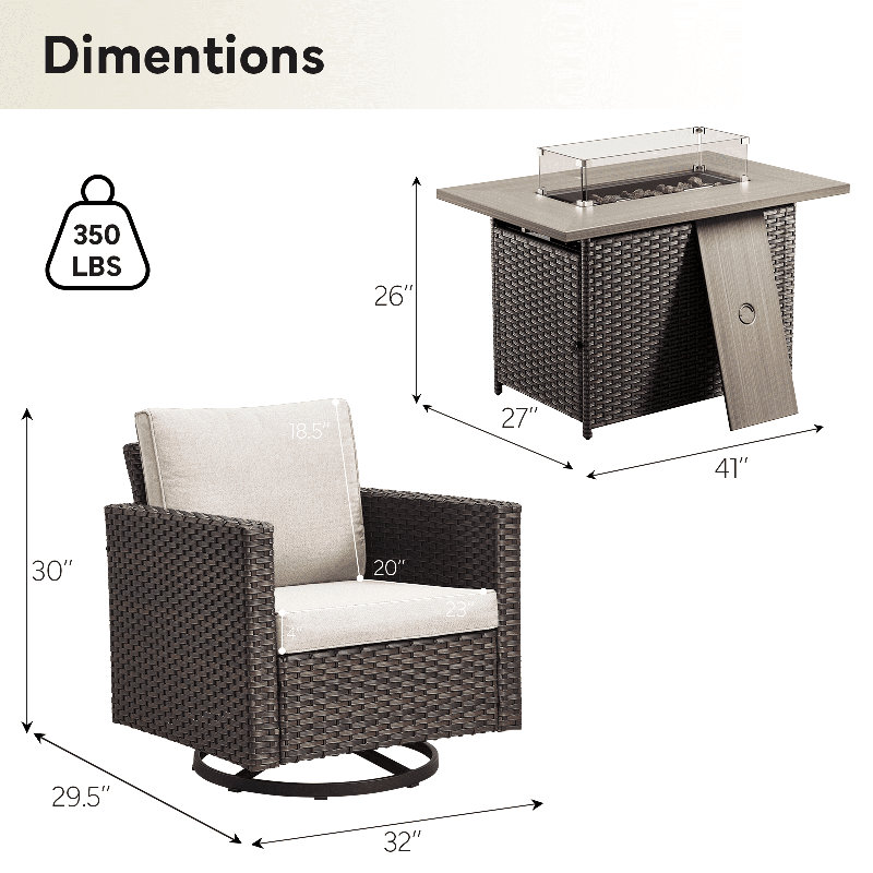 Naresa 5-Piece Outdoor Set  4 Swivel Gliders & Fire Pit Table, 55K BTU Heat, All-Weather PE Wicker, Beige, Gray