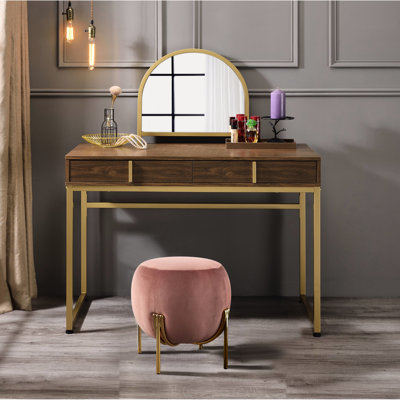 Bureau de meuble-lavabo rectangulaire en noyer et doré avec structure en métal, miroir inclus, plateau à bijoux, 2 tiroirs de rangement, panneau de particules et design, miroir couleur haute de 50 po, formation, profondeur de 19 po