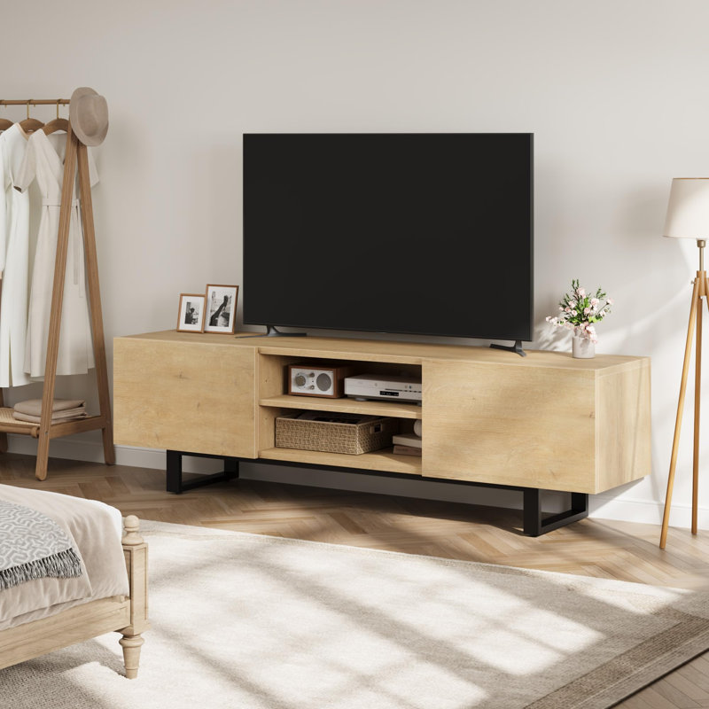 Industrial TV Stand for 80 Inch, Modern Entertainment Center with 2 Drawers, Wooden Media Cabinet with Heavy Duty Leg and Open Storage, TV Console Table for Living Room