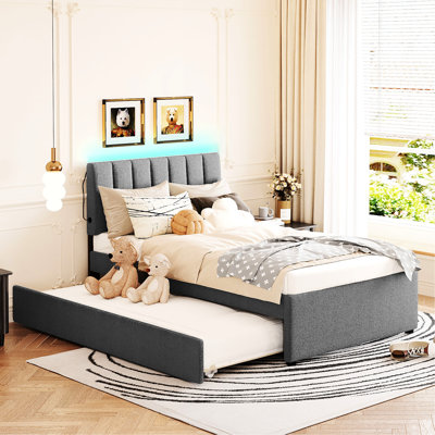 Twin Upholstered Platform Bed With Gray Trundle - Create A Cozy Bedroom Space In For Twin, Attractive Decor