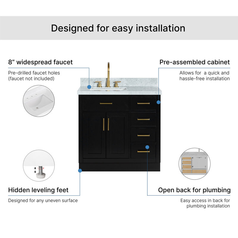 Meuble-lavabo simple en bois massif 36 po Tidworth avec plateau en marbre de Carrare 1,5 po, Gauche, Forme rectangulaire
