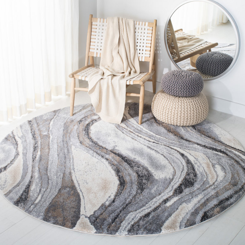 Tapis abstrait gris / beige / brun Makenna, Rond 5 pi 5 po