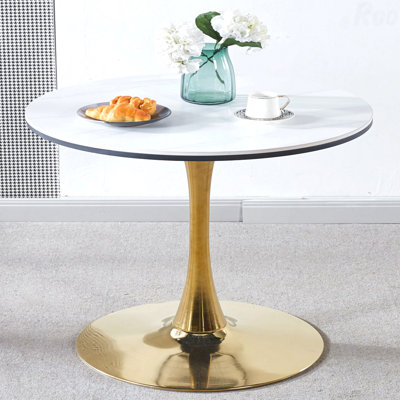 Table basse 31,5 "ronde en MDF avec table tulipe dorée et blanche Table de salle à manger Mid-Century pour 2 à 4 personnes avec table à piédestal et table de bout en céramique