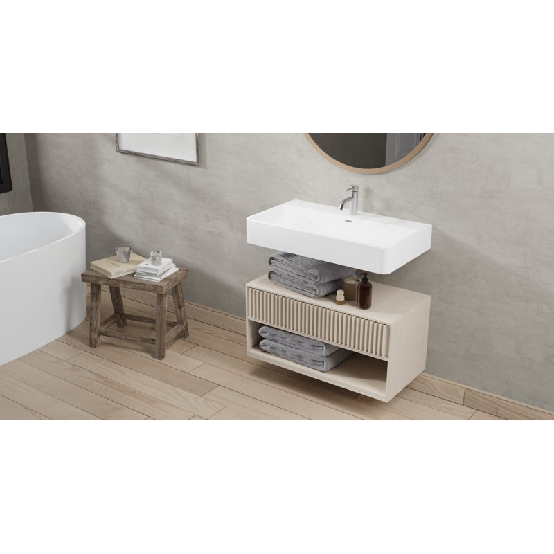 Lavabo de salle de bain mural rectangulaire en résine avec trop-plein 31,4 po x 17,7 po Badeloft WT-01-L-G, Blanc brillant