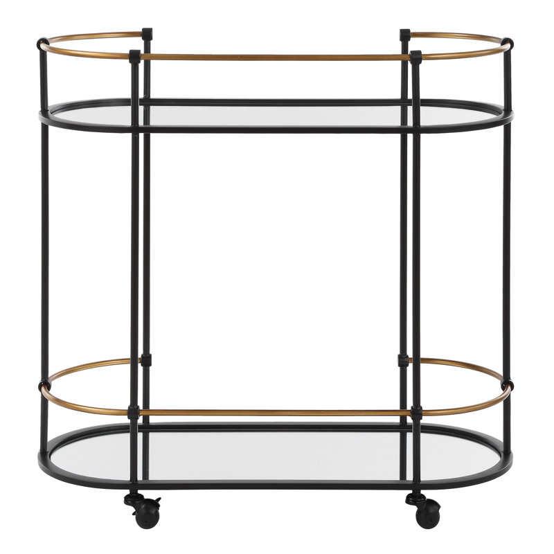 Oval Black Iron Bar Cart with Mirrored Shelves