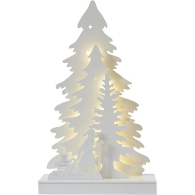 Pre-Lit Tree Santa Scene - 43cm Wooden White Christmas Forest Scene with LED Lights