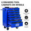 Armoire 6 coffres à outils bleu, taille 20 po, glissières de tiroir à roulement, 4 roues, verrouillable, chariot d'atelier à poignée à tirer, fabrication en acier, + tiroirs, serrure à clé-335141117