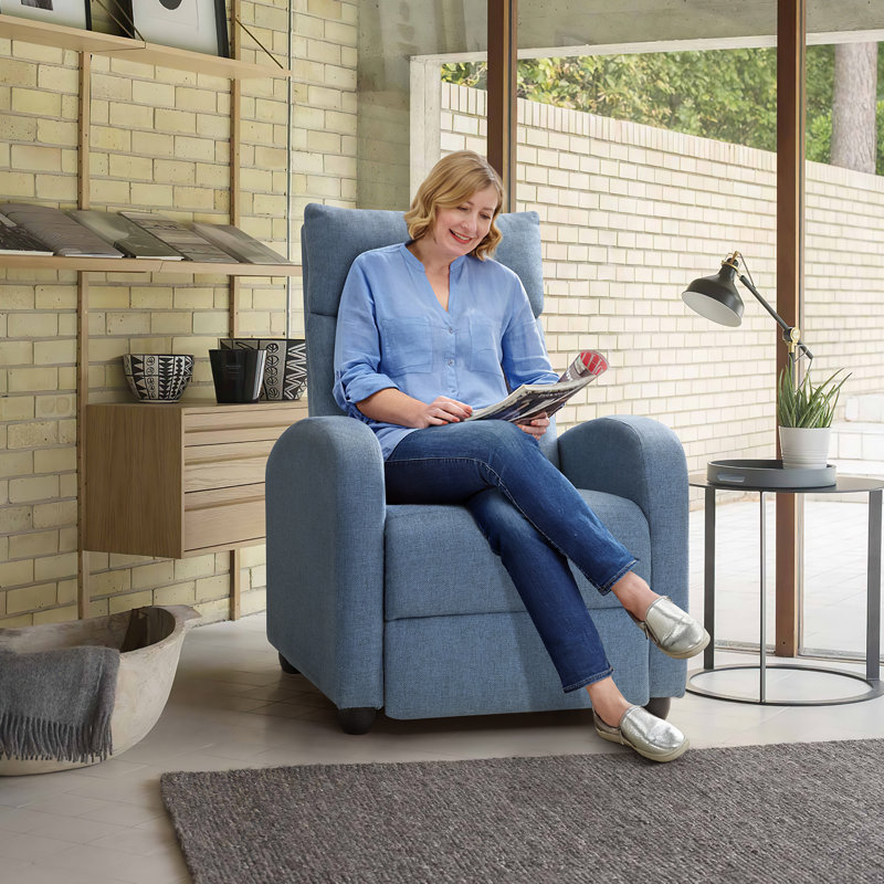 Modern Living Room Recliner Made of Thick Cushion Fabric with Massage Function, Blue Linen Blend