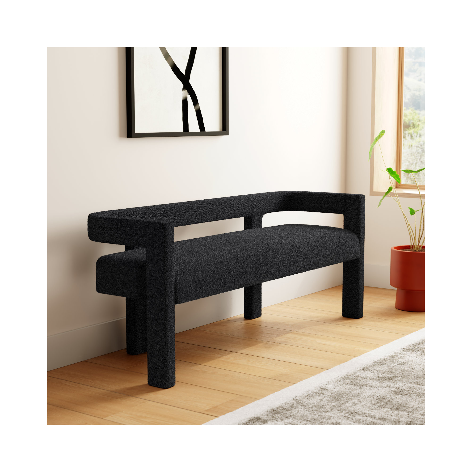 Cedernier Upholstered Boucle Bench, Black