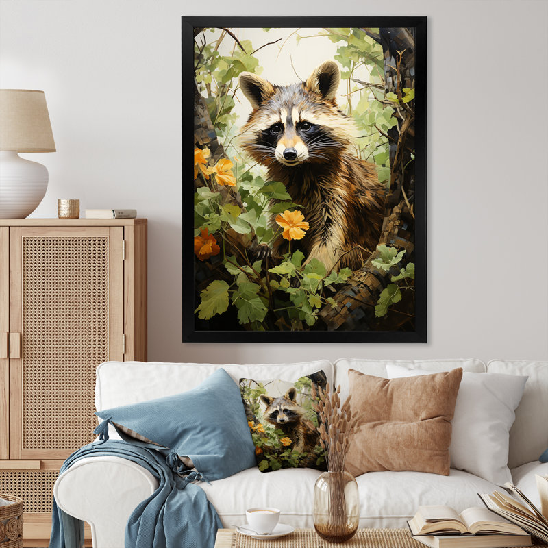 «Curious Raccoon Collage V», reproduction sur toile, Cadre photo noir, H 20 po x l 12 po x P 1 po