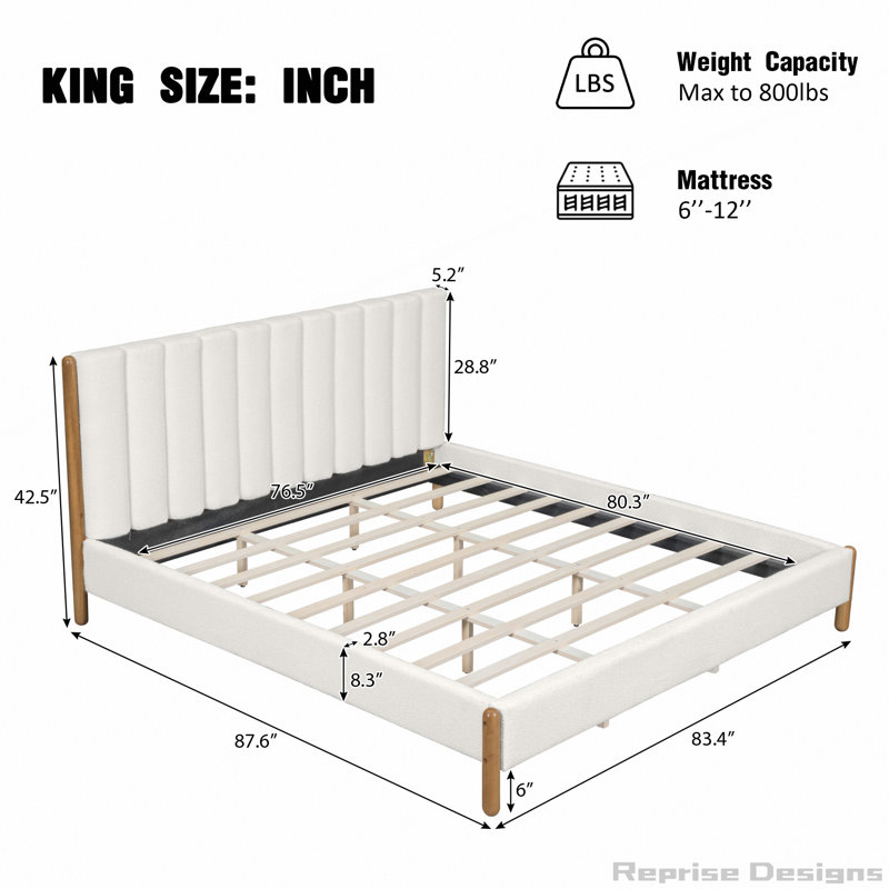 Structure de lit avec tête de lit tapissier Boucle et pieds en bois massif, Très grand lit