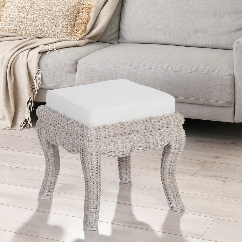 Rowan 18.5" Coastal Woven Rattan Vanity Stool with White Upholstered Cushion, Gray White Wash Mango Wood Backless Makeup Chair for Bedroom & Bath
