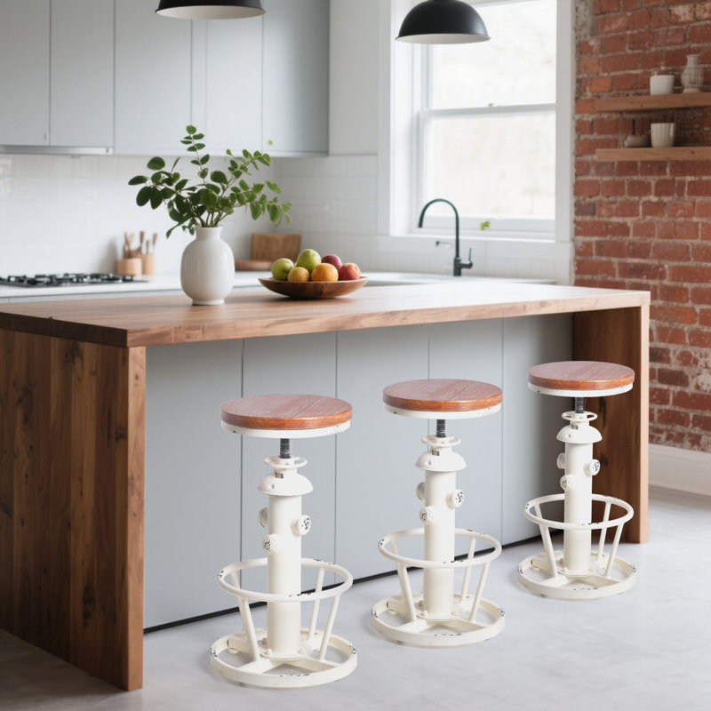 Antique Industrial Round Bottom Adjustable Height Cafe Retro Hydrant Stylish Water Pipe Design Pub Kitchen Bar Stool, Red, 3