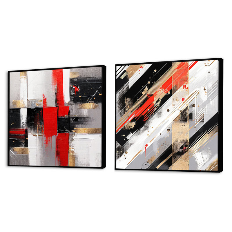 Rayures roses et noires audacieuses - ensemble de 2 collages abstraits carrés, Cadre flottant noir, H 16 po x l 33 po