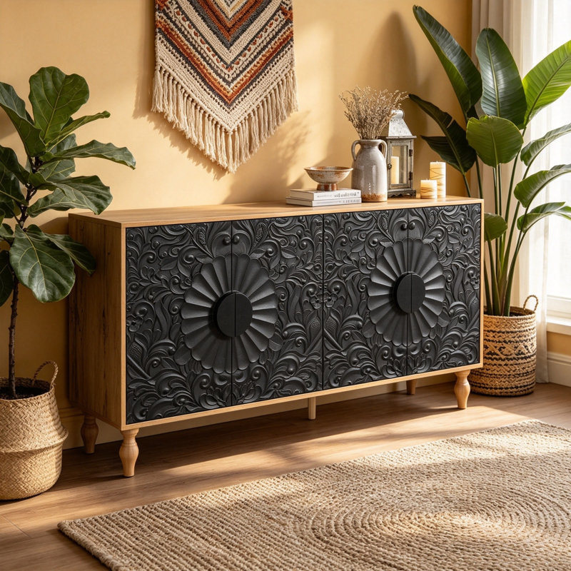 Armoire décorative noire pour meuble télé, portes sculptées symétriques avec cadre couleur bois pour le vestibule du salon