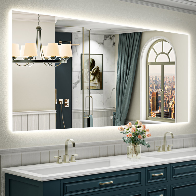 Bathroom LED Mirror with Backlit, Anti Fog Lighted Vanity Mirror with Stepless Dimmable, ETL Listed, IP54 Waterproof, CRI90+, HD Tempered Glass