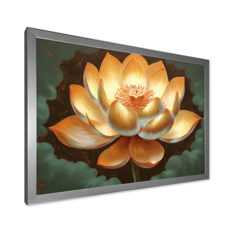 Golden Blooming Retro Lotus - impression, H 24 po x l 32 po x P 1 po, Cadre simple argenté