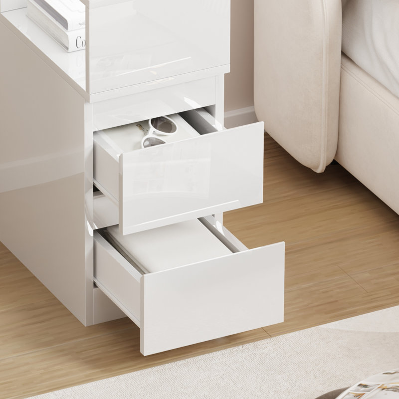 35 cm W Bedside Table, High gloss white 2 drawers