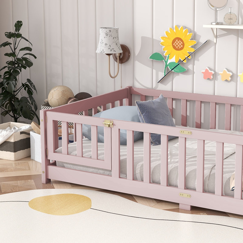 Lit simple en bois d'hévéa avec clôture et porte, Pink