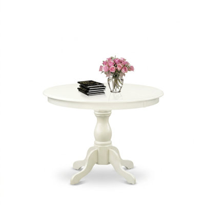 Linen White Wood Round Dining Table Set With 2 Linen Fabric Upholstered Double X-Back Chairs Pedestal 3 Piece For Small Spaces