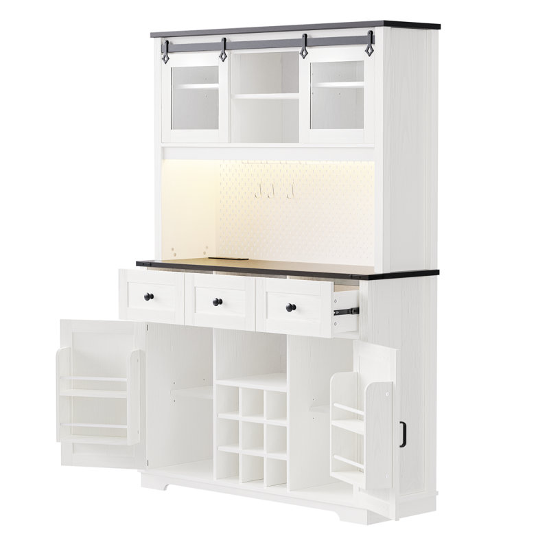 71" Farmhosue Pantry Bar Cabinet With Internal Storage Rack,Kitchen Cabinet With Hutch,Sliding Door,Power Outlet,Pegboard,Wine & Glasses Rack,3 Drawers,Rustic Coffee Bar Storage Cabinet