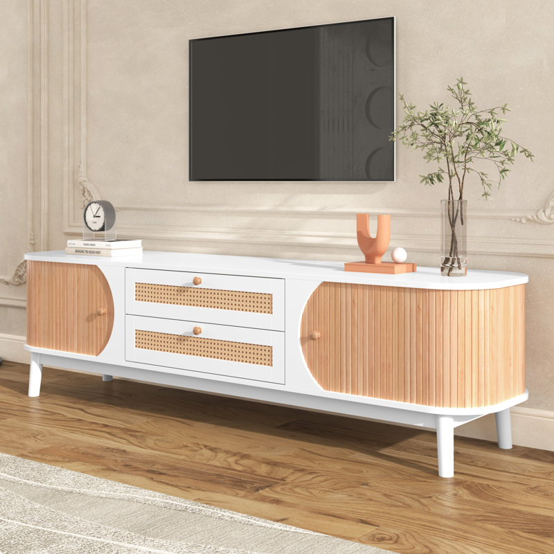 Rattan TV Stand For Tvs Up To 75", Entertainment Center With Solid Wood Legs, Natural/White