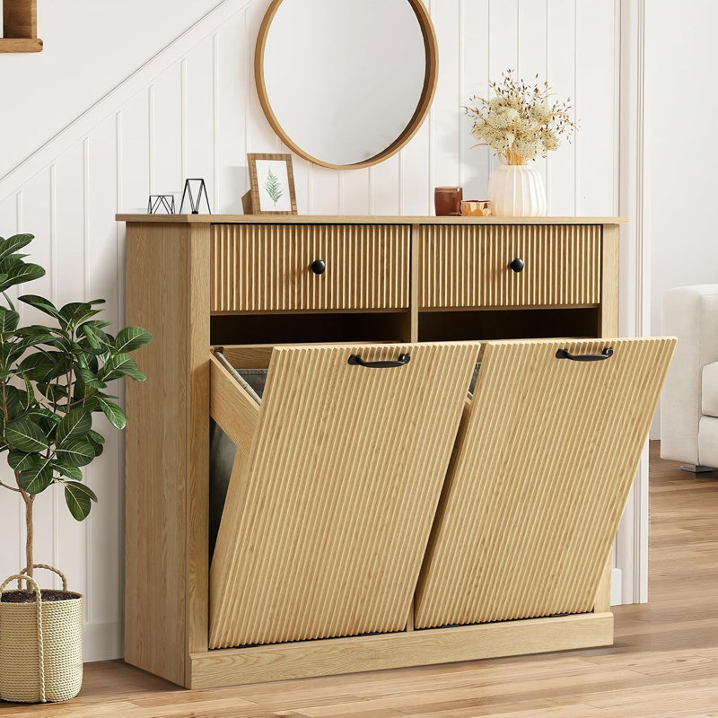 Tilt Out Fluted Laundry Hamper Cabinet, 22 Gallon Double Hidden Laundry Hamper, Wooden Trash Can Cabinets With 2 Drawers, Modern Garbage Can Cabinet For Bathroom, Kitchen