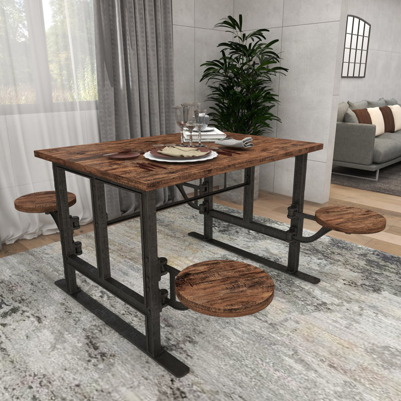 Teak Wood Dining Table with Attached Seats, Brown, Gray, 31" H x 51" W x 35"L