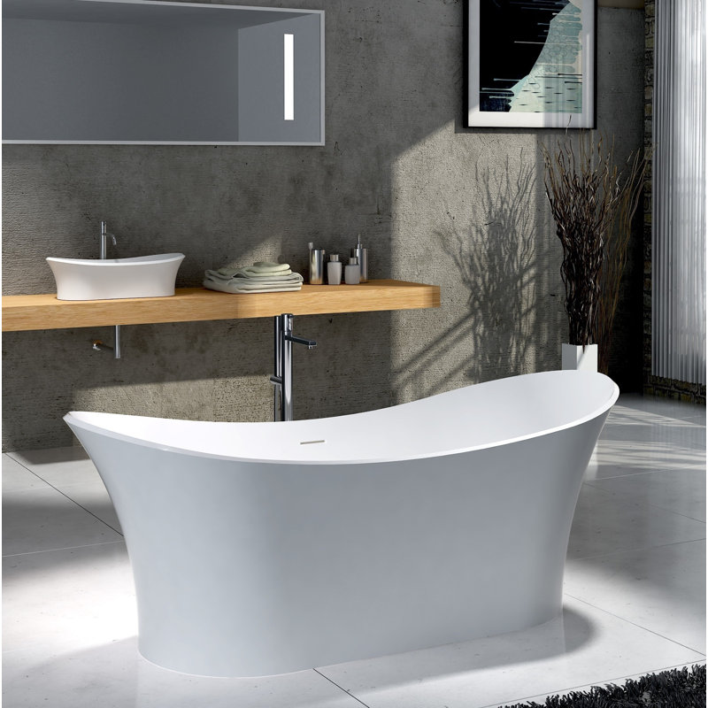 Ocean 69" x 30" Solid Surface Freestanding Double-Slipper Soaking Bathtub – Modern Floating Luxury Stone Resin Tub for Master Bathrooms