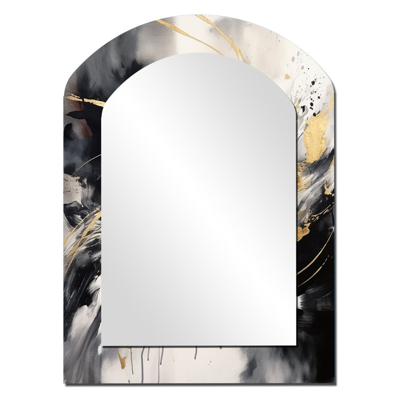 Exploring The Depths Of Gold Marble II - Geometric Asymmetrical Mirror, Gold Arch Decorative Wall Mirror, Printed Metal Art