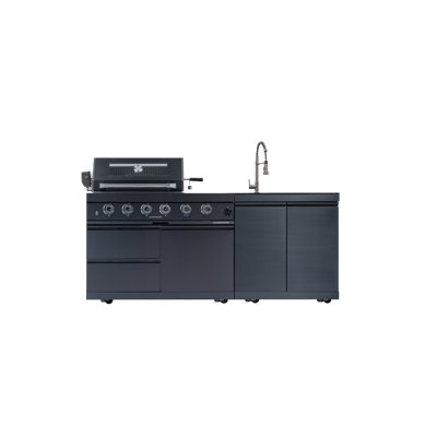 Îlot de cuisine extérieur professionnel de 79 pouces de 79 po: barbecue à gaz 4 brûleurs de 72 000 BTU avec évier intégré, brûleur latéral rond, comptoir en granit noir, station de cuisson en acier inoxydable 304 avec ensemble de rôtisserie