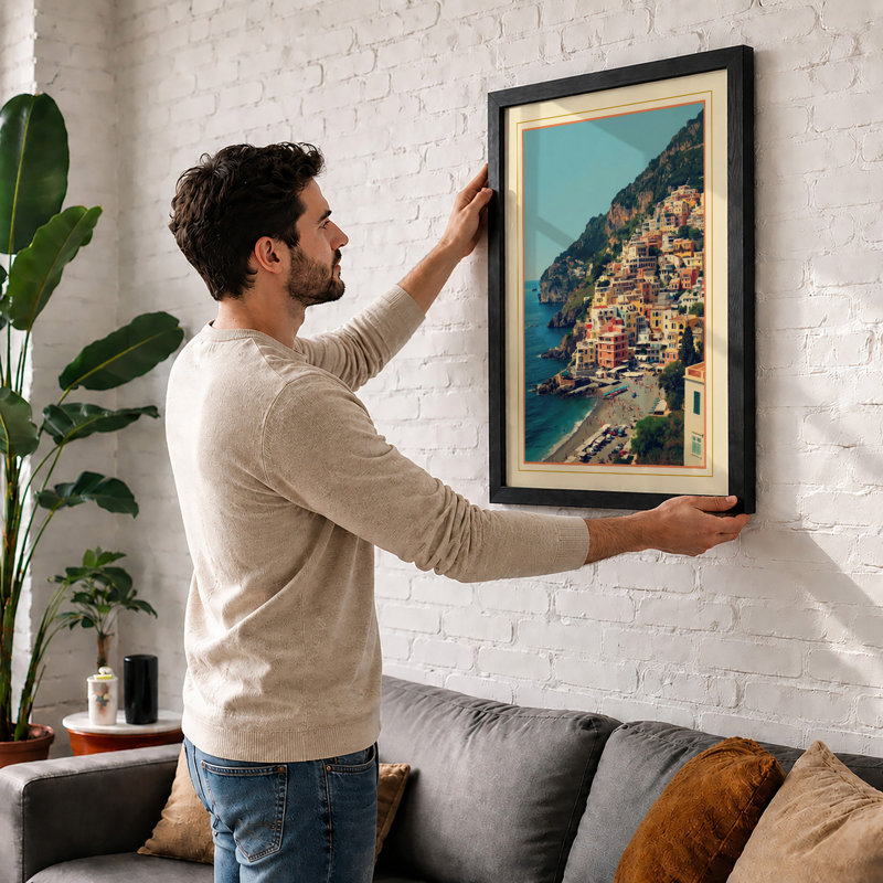 Coastal Village In Blue Japandi - Print, Black, A3 - 42.0 x 29.7 cm