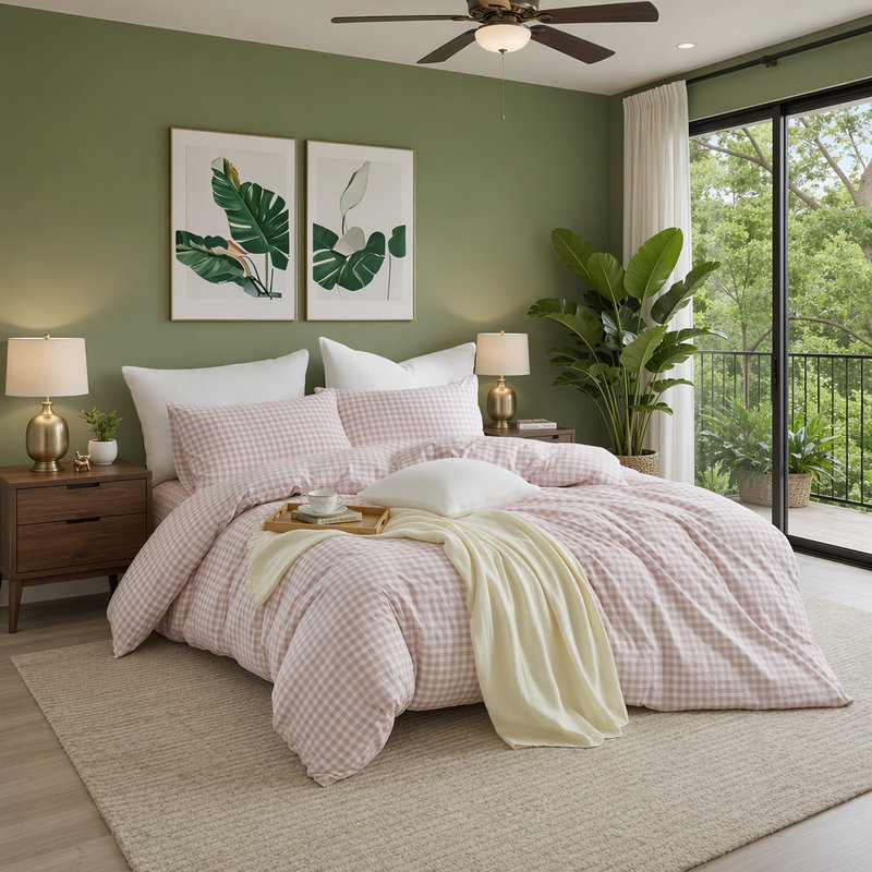 Ensemble de housse de couette 100% coton lavé Vichy, King Duvet Cover + 2 Pillowcases, Greyish Pink/White Gingham