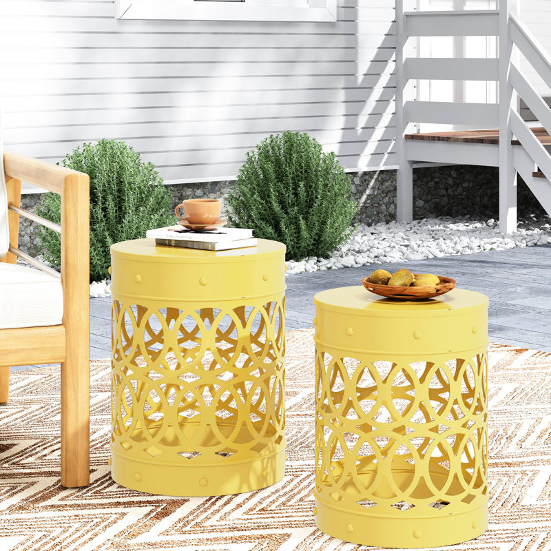 Modern Outdoor Metal End Tables In Yellow, Iron Cut Frame, Powder-Coated Robustness, No Assembly, 13.54"W X 13.54"D 17.6"H & 12.00"W 12.00"D 16.00"H Table Style,