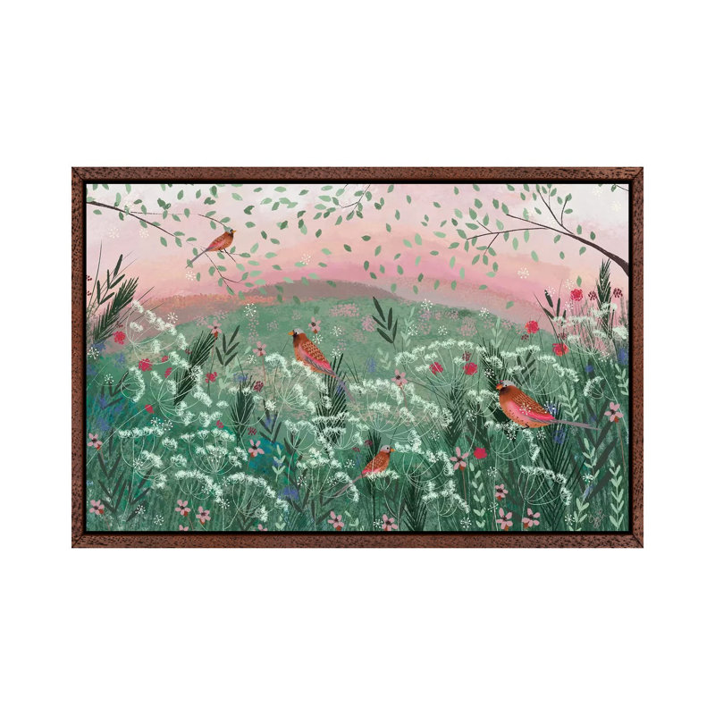 Rosy Pink Landscape by Joy Laforme - Painting on Canvas, 101.6cm H x 152.4cm W x 3.81cm D, Brown Framed