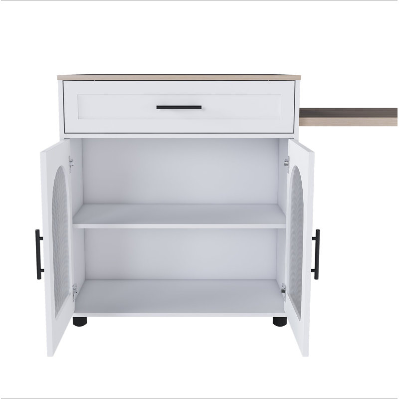 Îlot de cuisine de 80 pouces avec table de salle à manger, comptoir en bois massif avec prise de courant, chariot de rangement mobile avec armoire et 2 tiroirs, table de préparation pour la cuisine