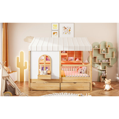 Lit de maison pleine grandeur peu encombrant avec bois et panneau de fibres à densité moyenne, solution de rangement moderne