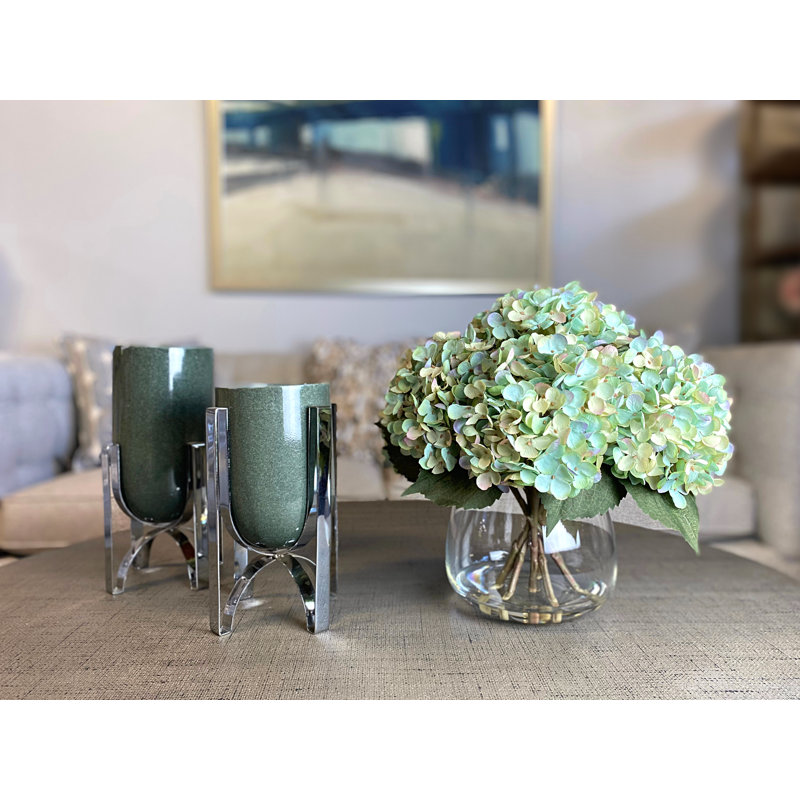 Hydrangea Bouquet In Bubble Glass Vase, Teal